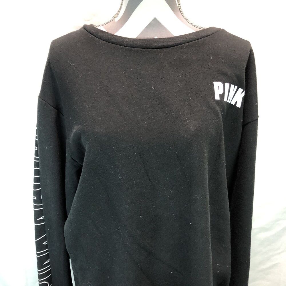 Victorias Secret Pink Nation Black Sweatshirt Pullover Raw Hem Large AAA12